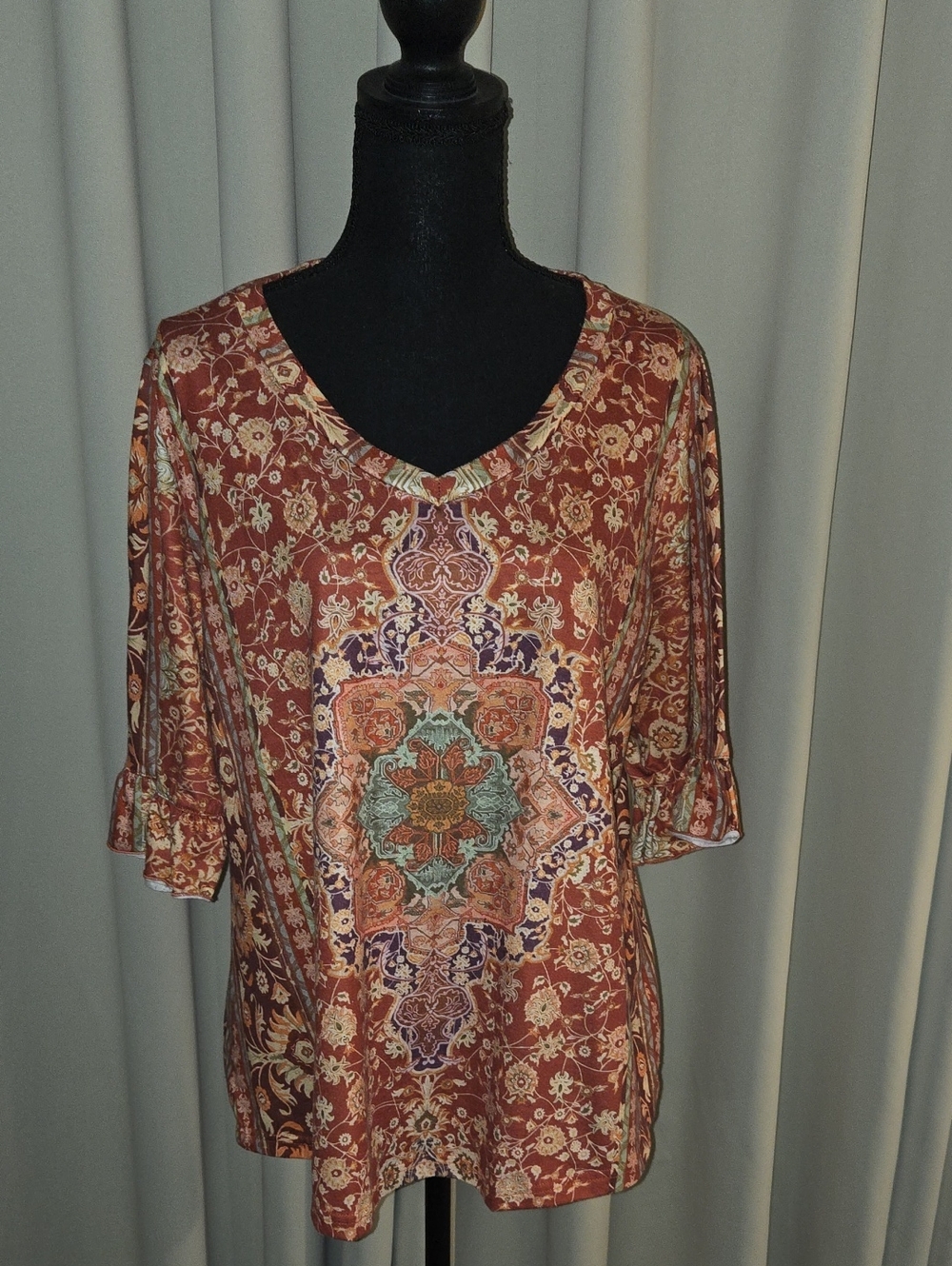 Rust Floral Medallion V-Neck Women's Top